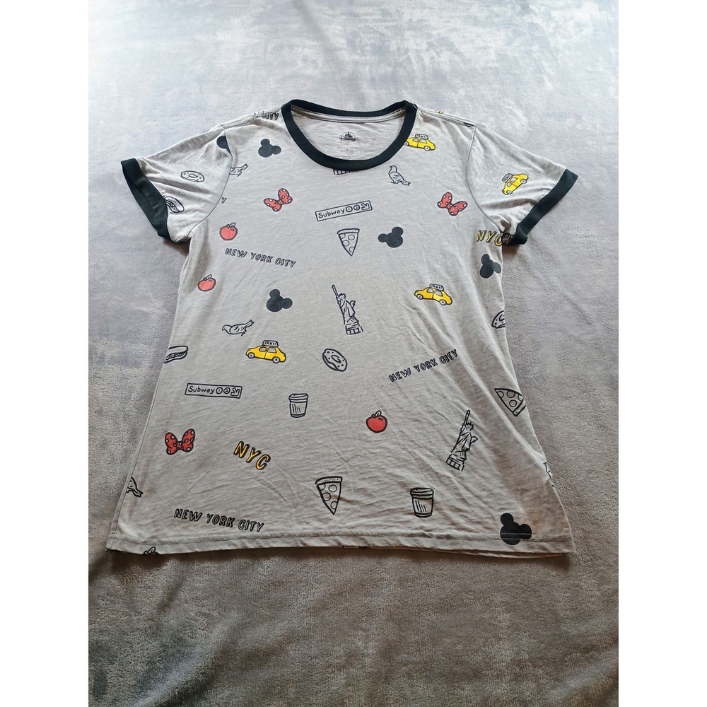 Disney Womens NYC Mickey‎ Mouse All Over Print Gray L Ringer Tee